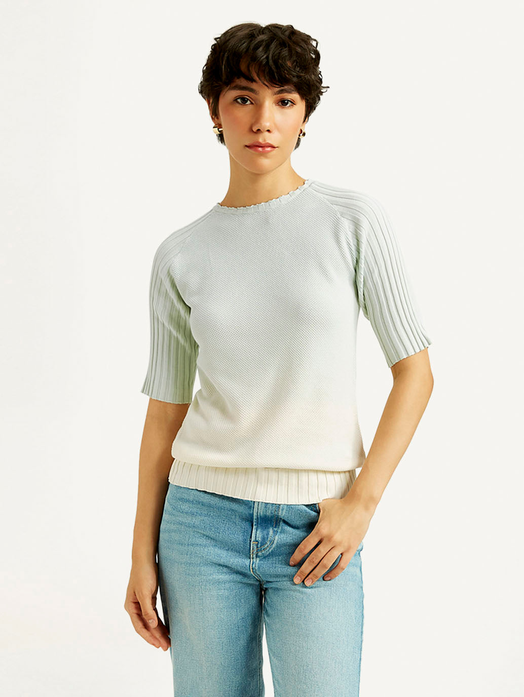 Women's Ombre Light Blue Boat Neck Top - Front View
