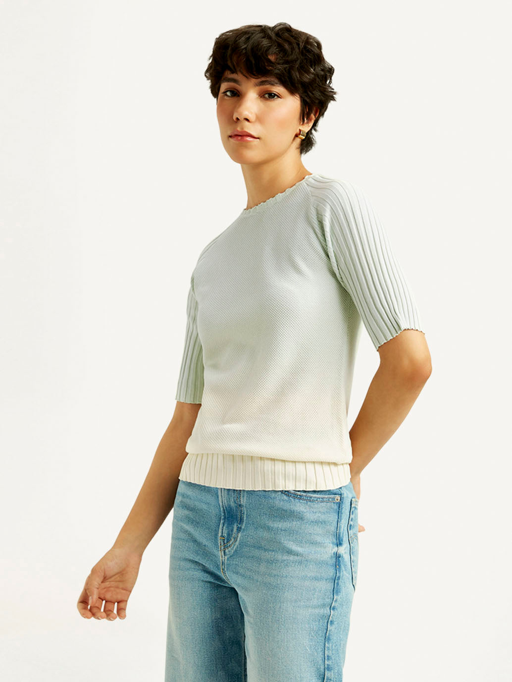Women's Ombre Light Blue Boat Neck Top - Side View