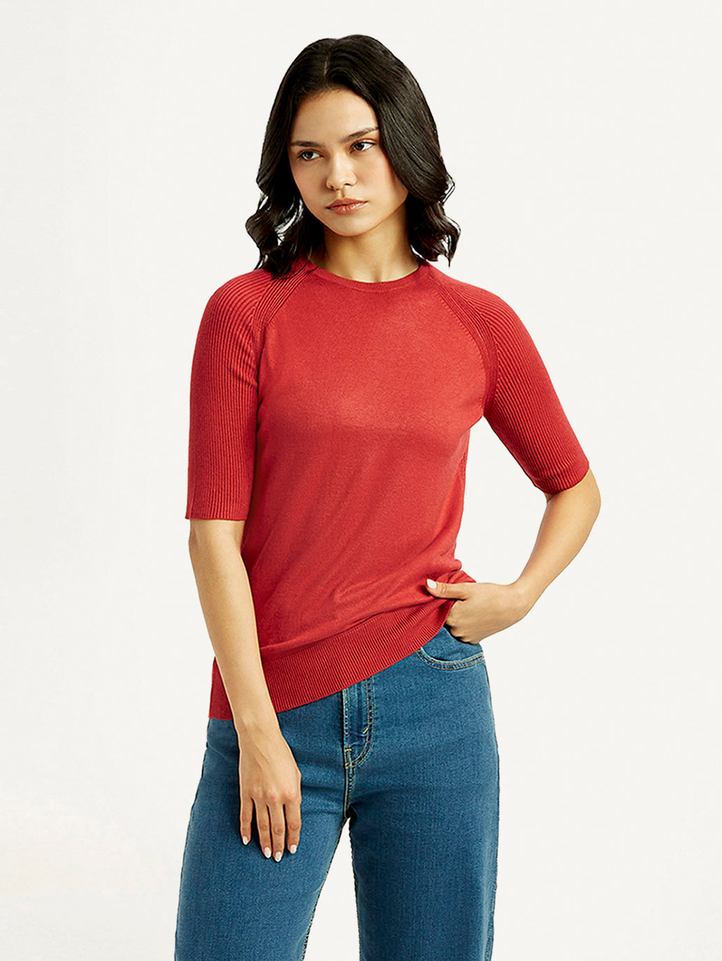 Women's Solid Red Crew Neck Top - Styleshot View