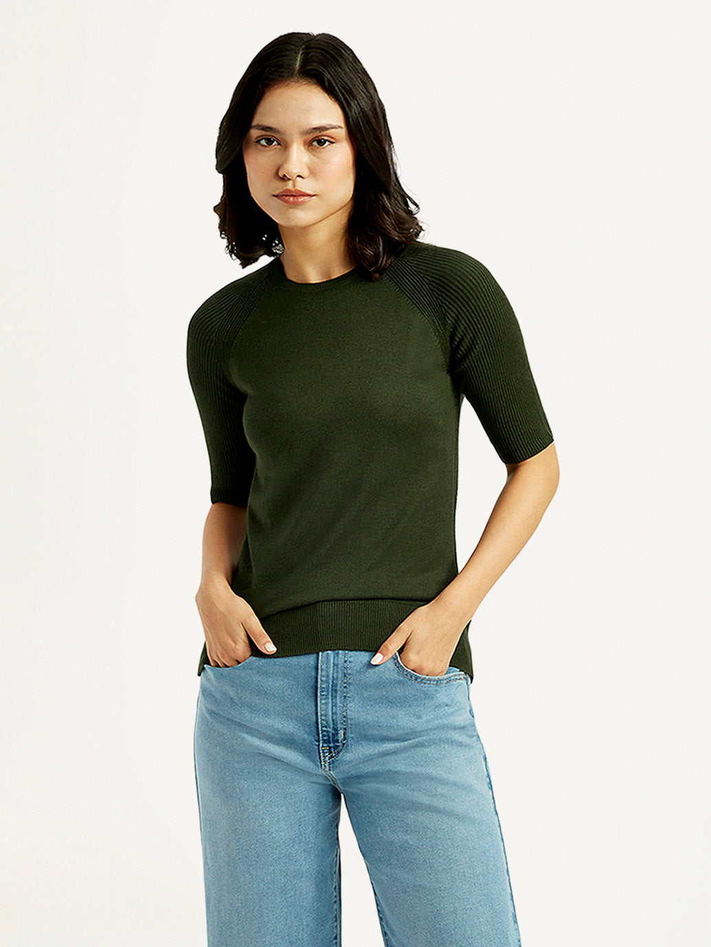 Women's Solid Dark Green Crew Neck Top