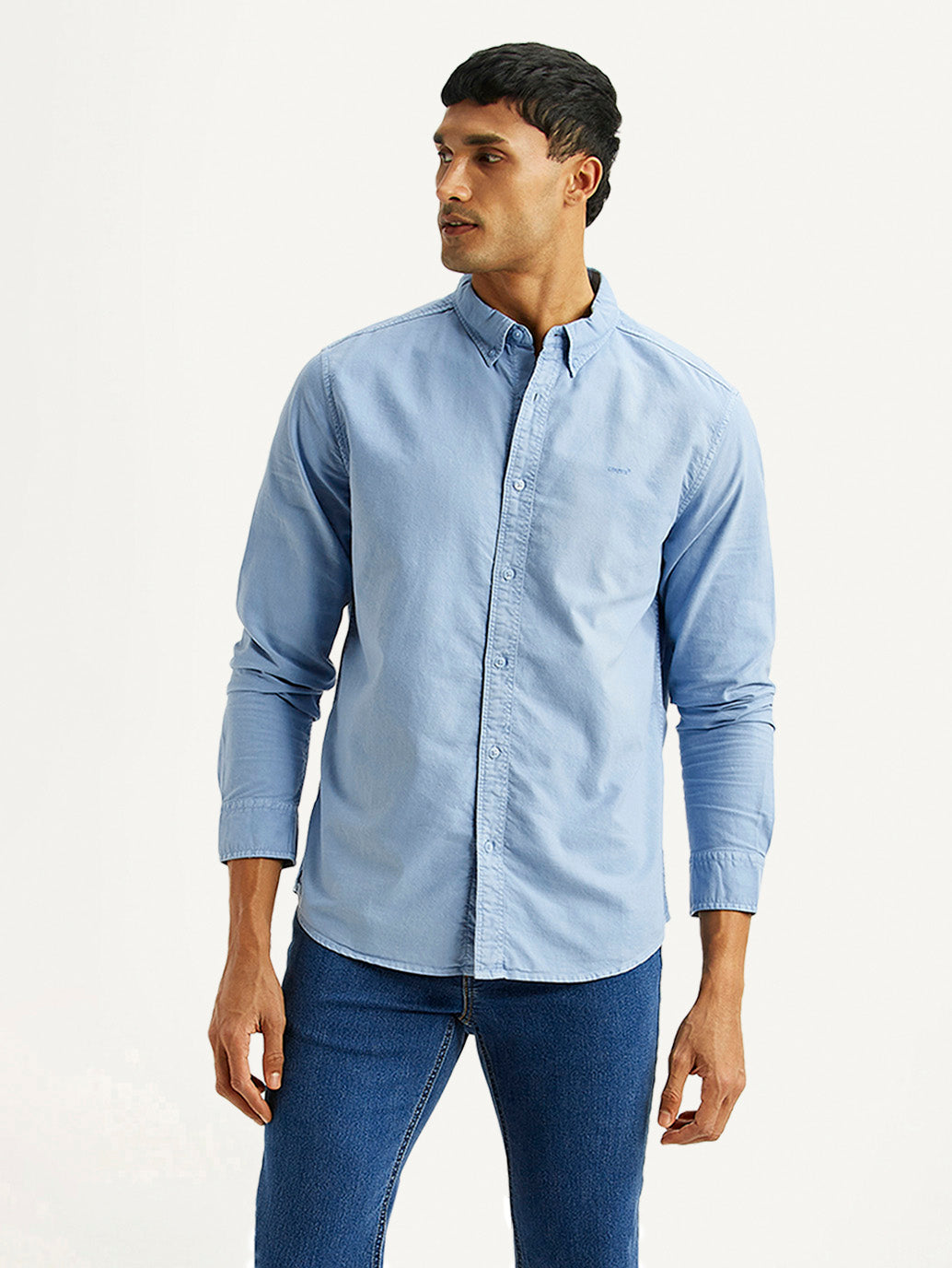 Men's Solid Light Blue Slim Fit Oxford Shirt - Styleshot View
