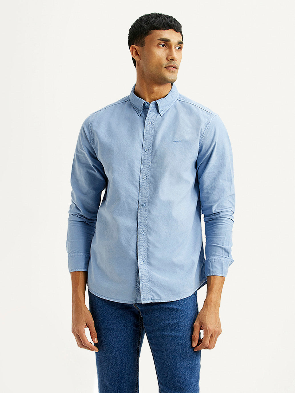 Men's Solid Light Blue Slim Fit Oxford Shirt - Front View