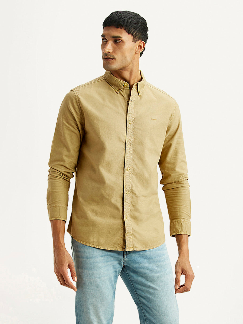 Men's Solid Beige Slim Fit Oxford Shirt - Styleshot View