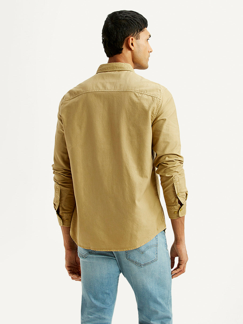 Men's Solid Beige Slim Fit Oxford Shirt - Back View