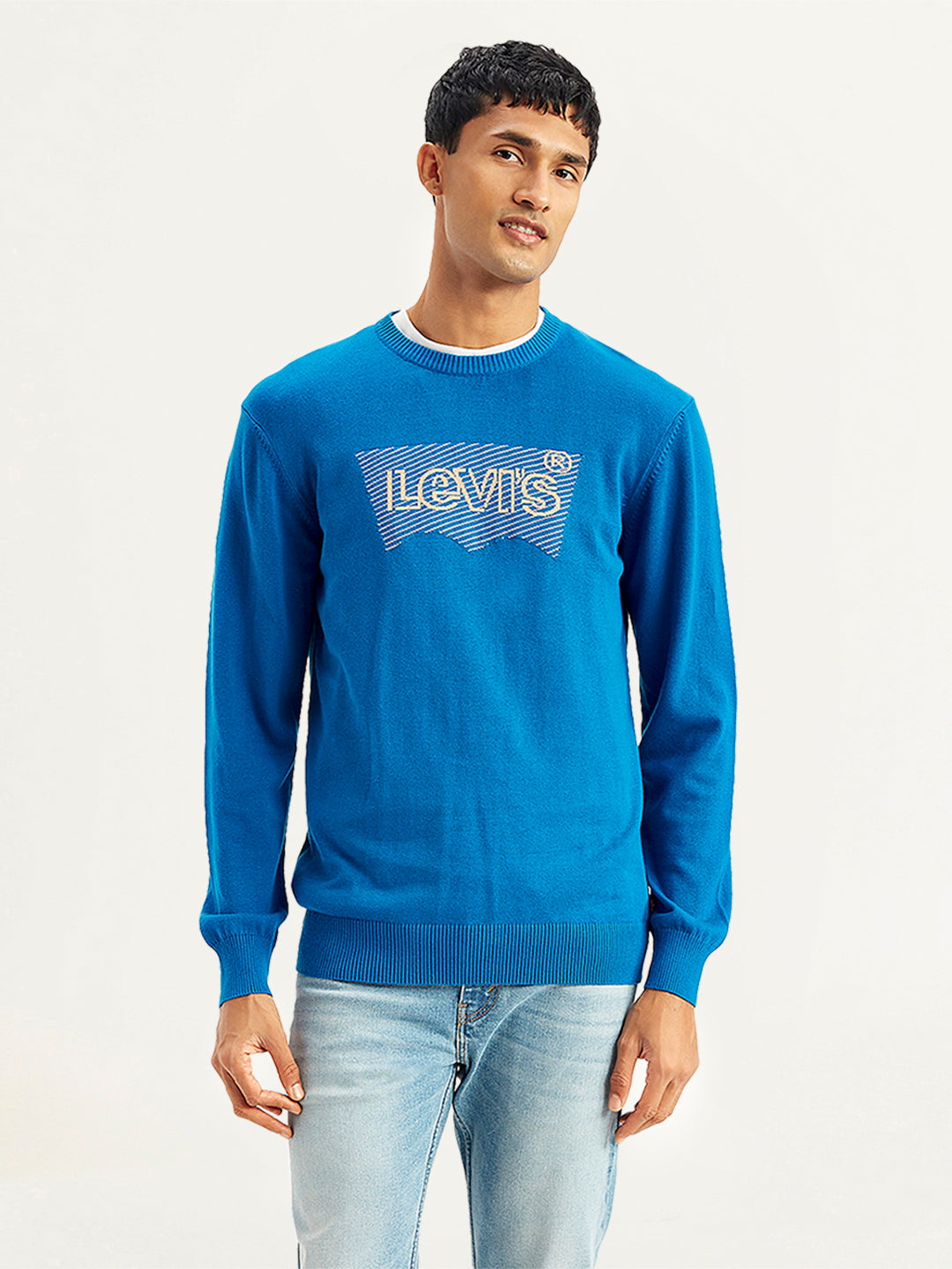 Men's Brand Logo Blue Crew Neck Sweater - Front View