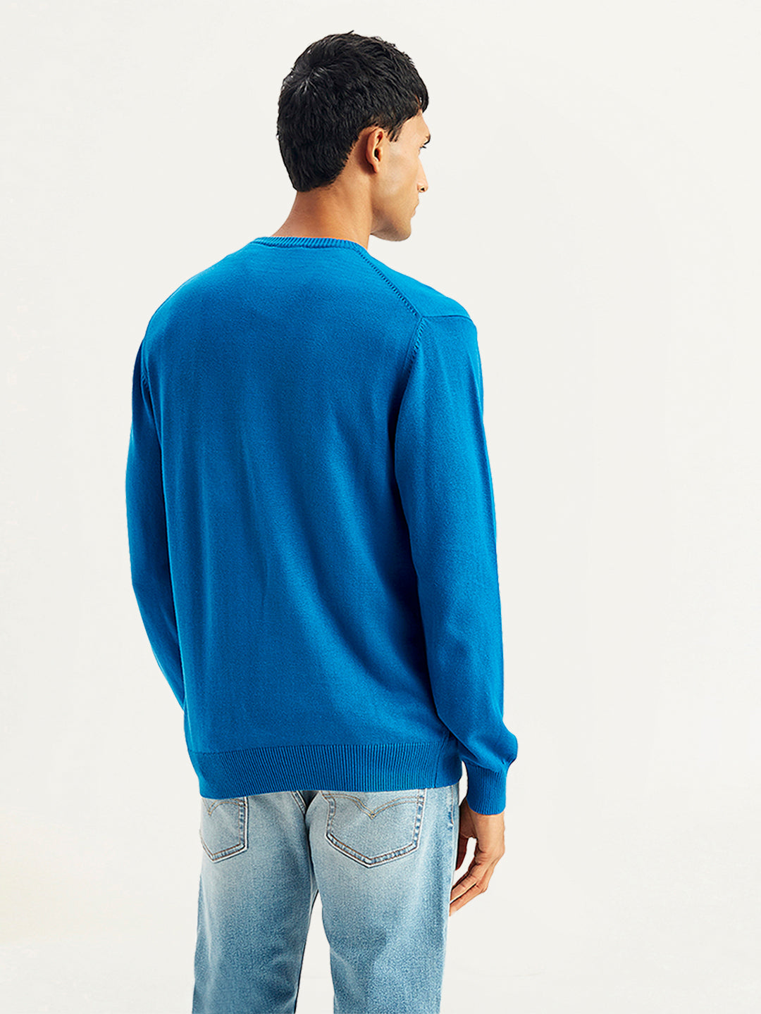 Men's Brand Logo Blue Crew Neck Sweater - Back View