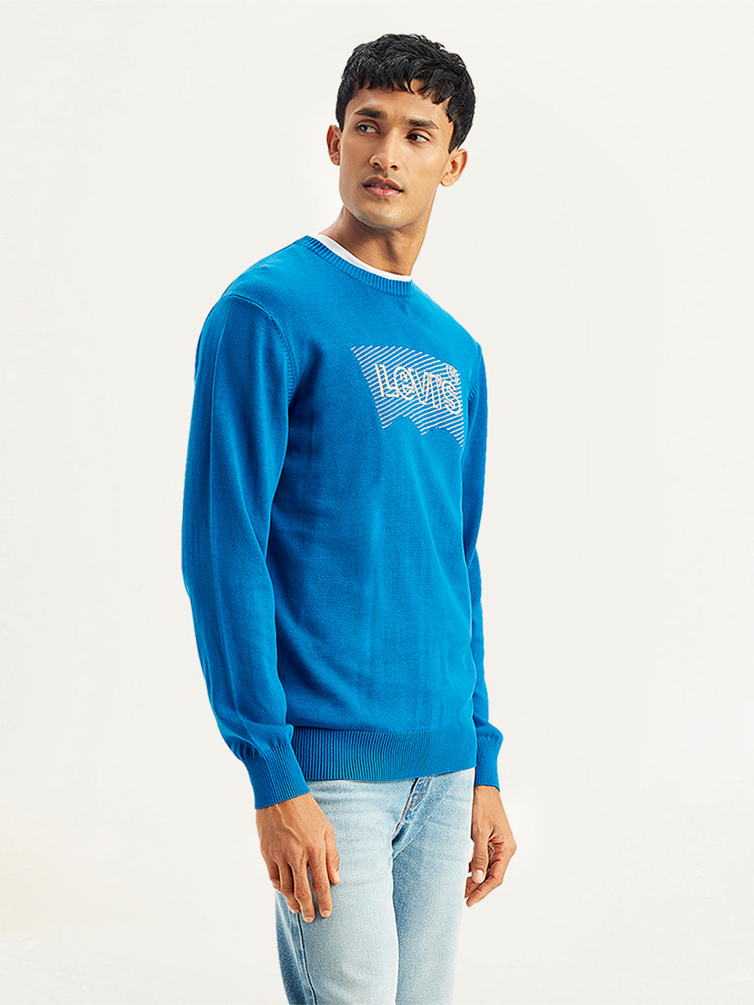 Men's Brand Logo Blue Crew Neck Sweater - Side View