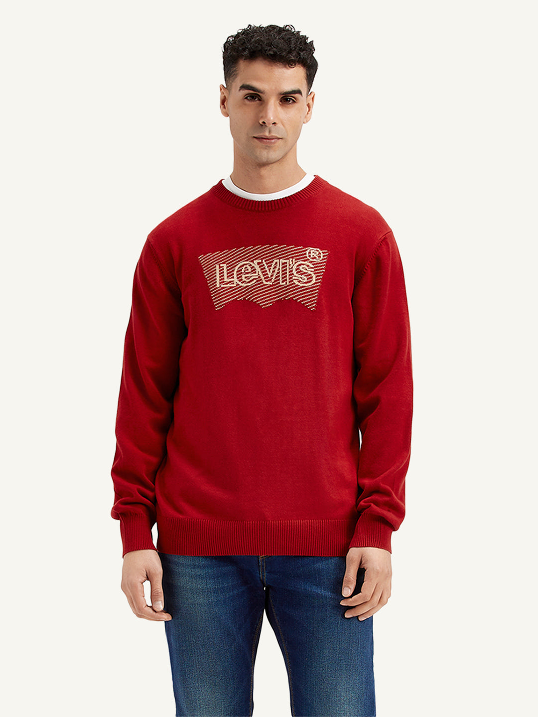 Men's Brand Logo Red Crew Neck Sweater - Front View