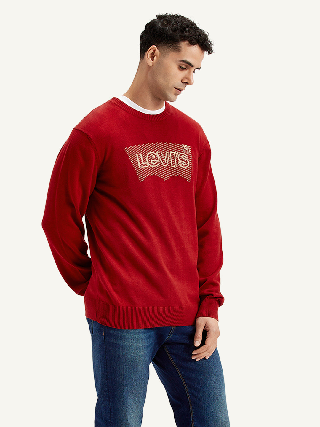 Men's Brand Logo Red Crew Neck Sweater - Side View