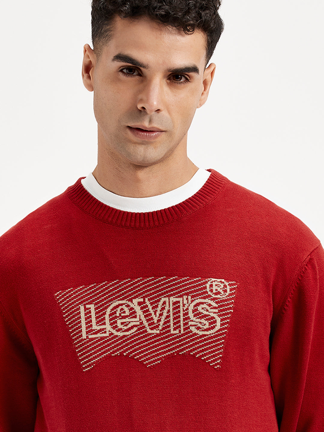 Men's Brand Logo Red Crew Neck Sweater - Detail View