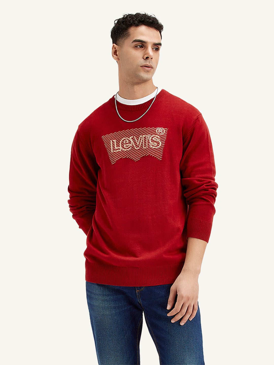 Men's Brand Logo Red Crew Neck Sweater - Styleshot View