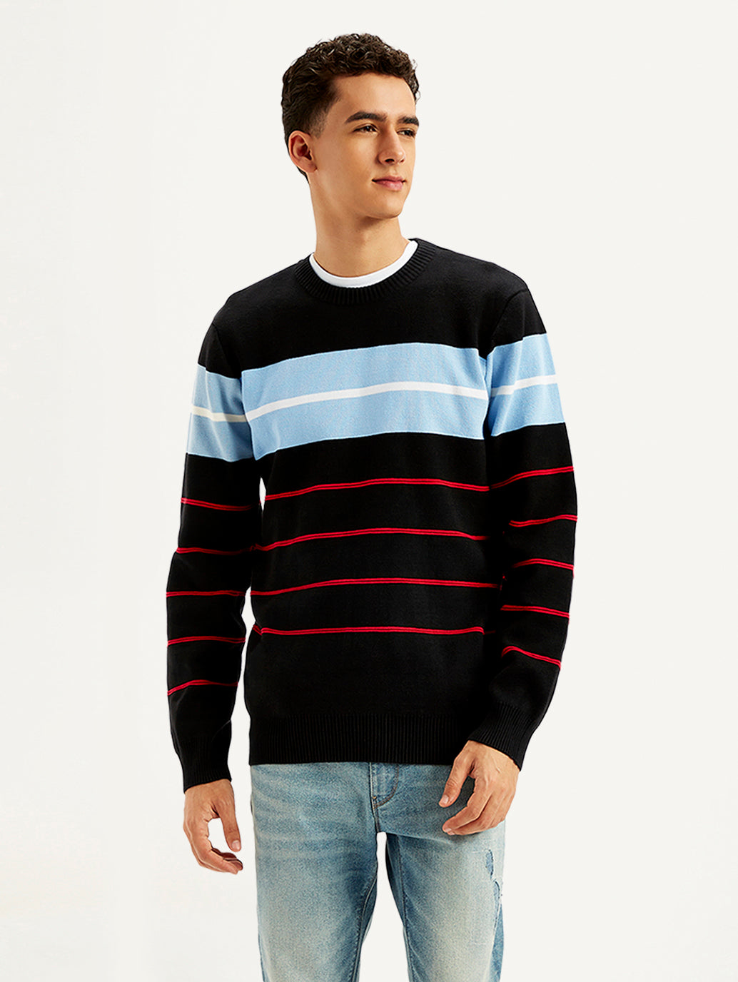 Men's Striped Black Crew Neck Sweater - Front View