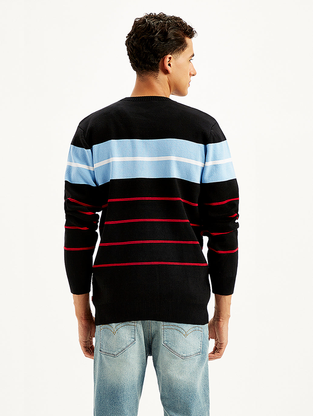 Men's Striped Black Crew Neck Sweater - Back View