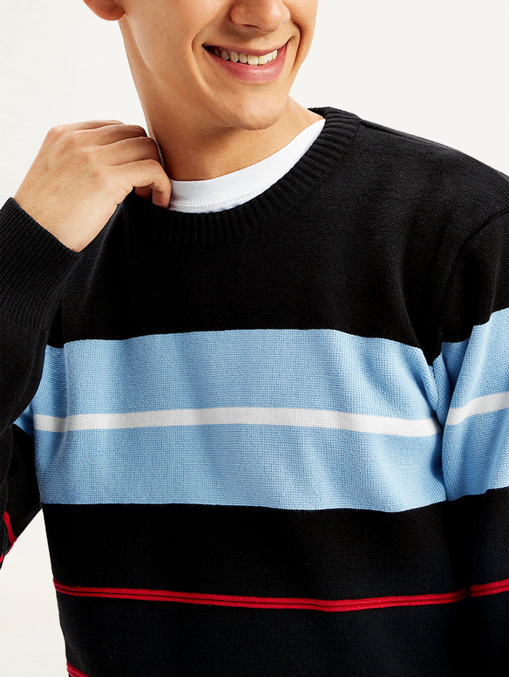 Men's Striped Black Crew Neck Sweater - Detail View