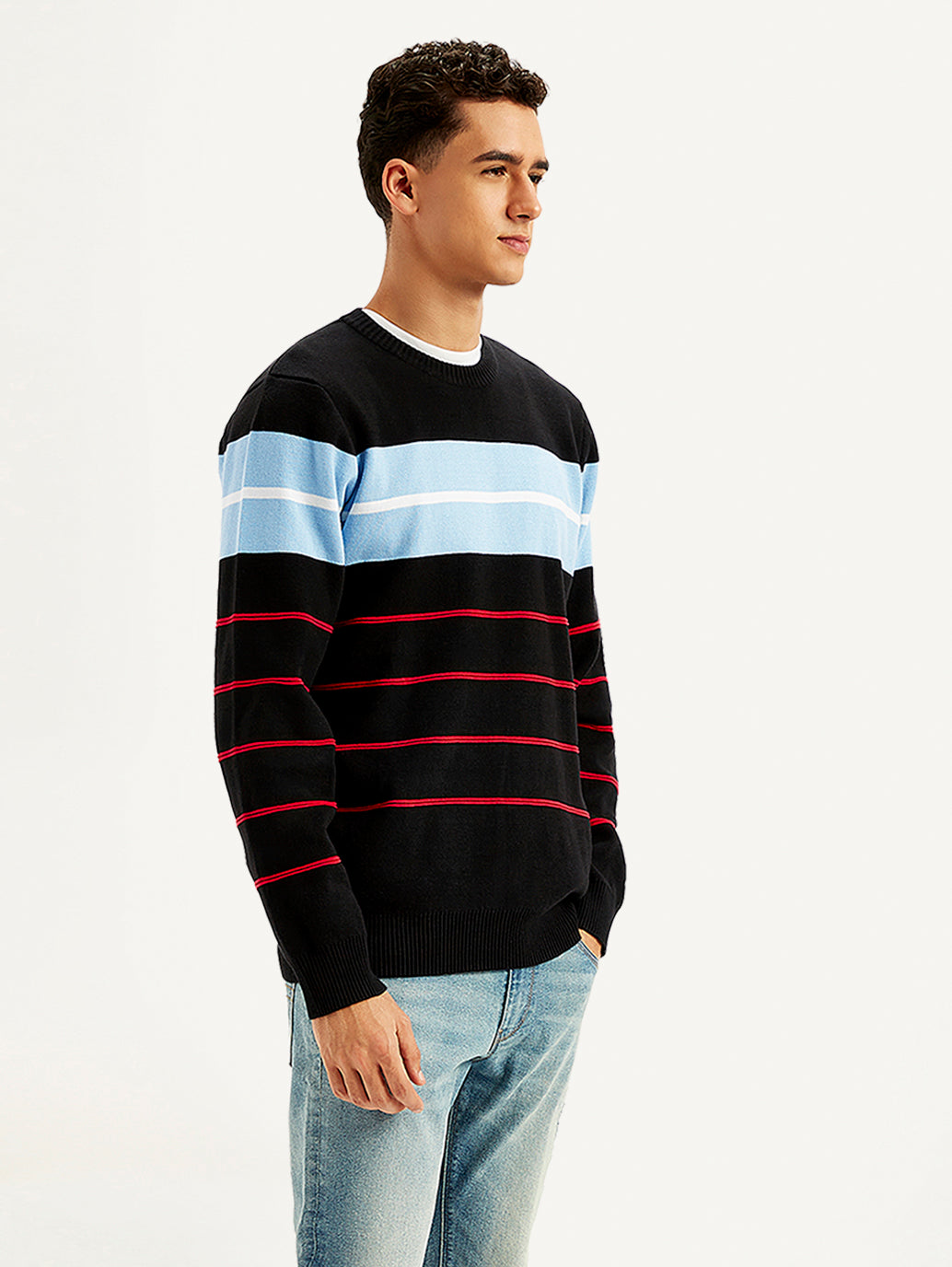 Men's Striped Black Crew Neck Sweater - Side View