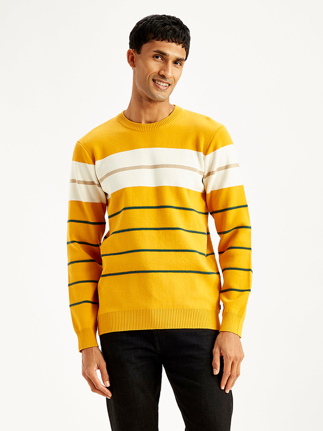Men's Striped Mustard Crew Neck Sweater - Front View