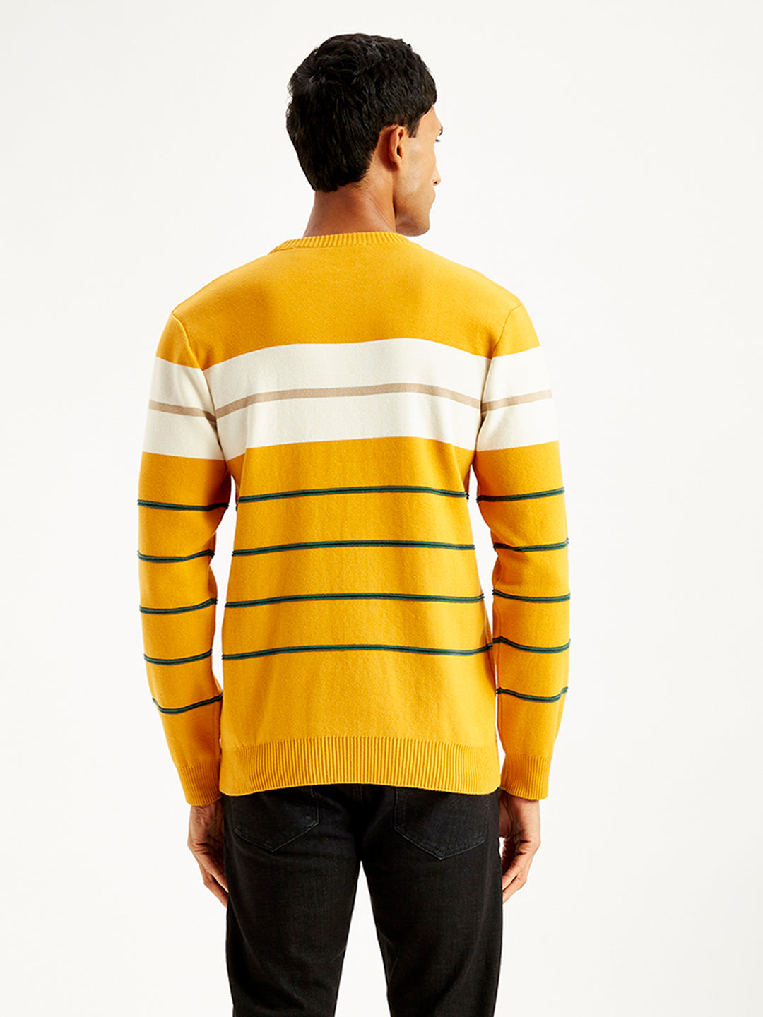 Men's Striped Mustard Crew Neck Sweater - Back View