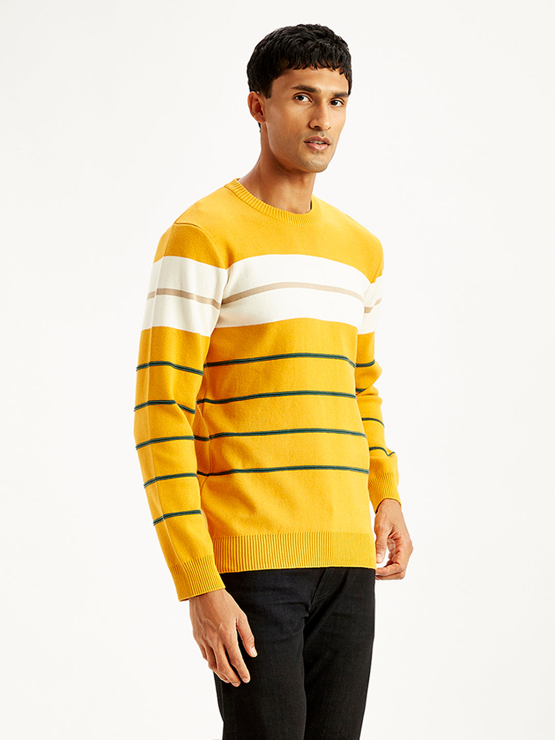 Men's Striped Mustard Crew Neck Sweater - Side View