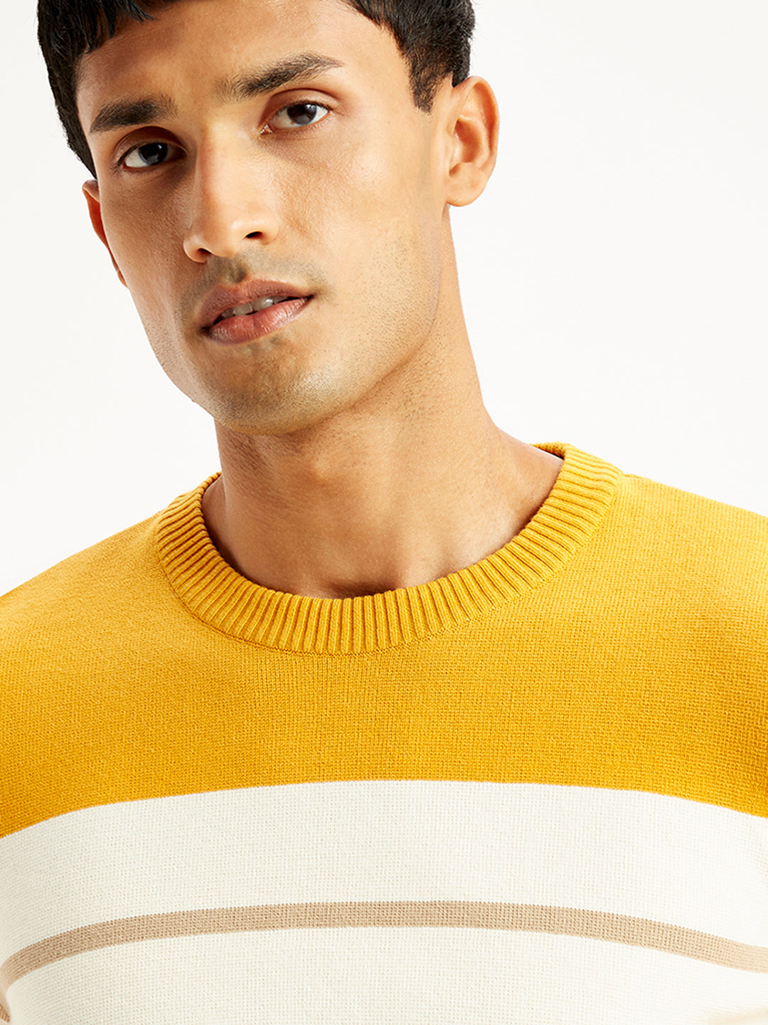 Men's Striped Mustard Crew Neck Sweater - 891b239f-8a7f-4d7f-b147-ddff1e849f45 View