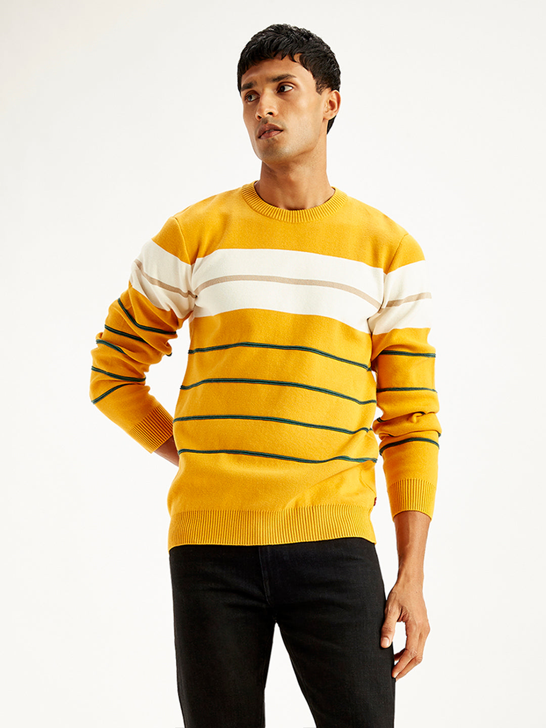 Men's Striped Mustard Crew Neck Sweater - Styleshot View