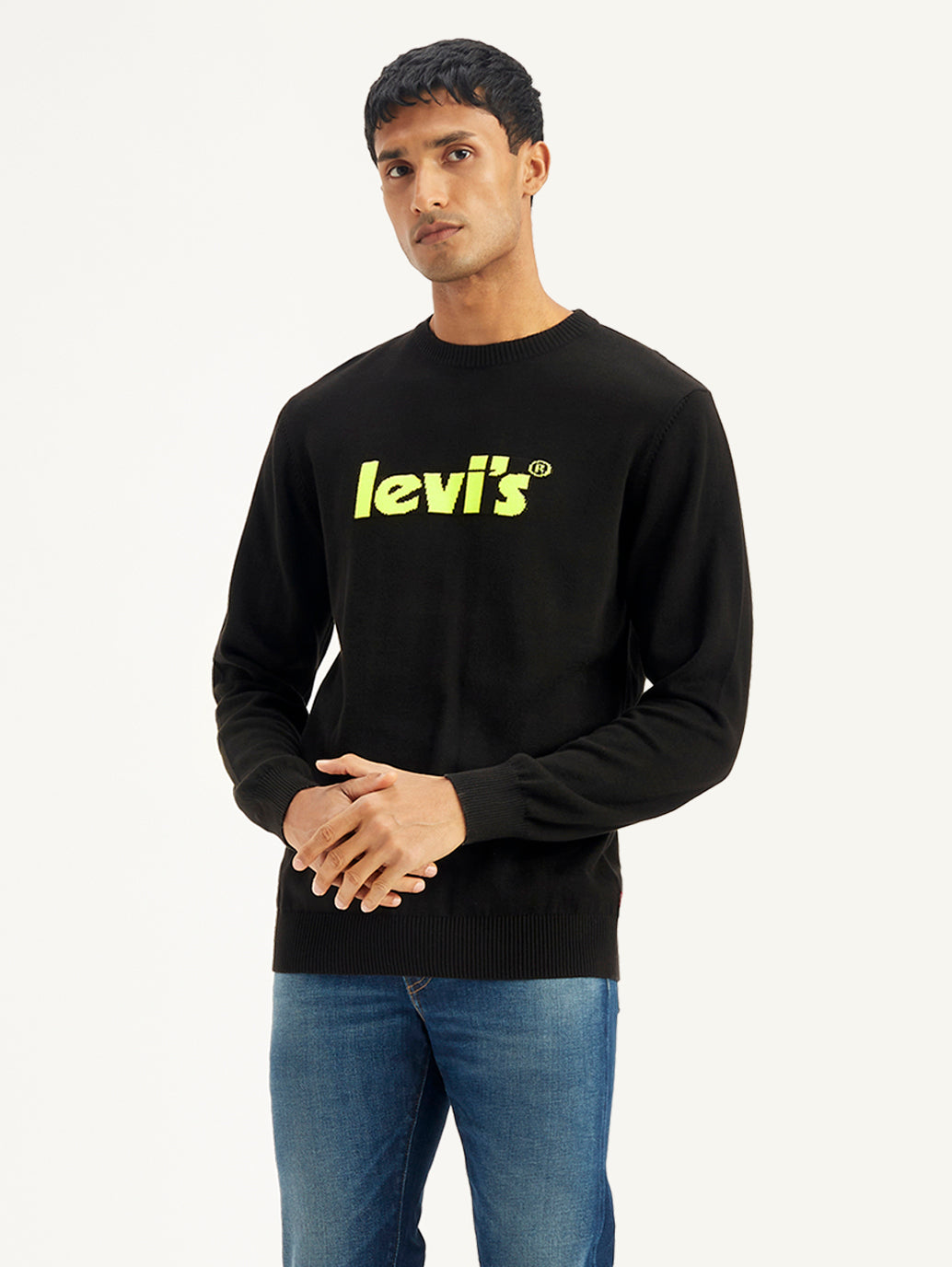 Men's Brand Logo Black Crew Neck Sweater - Front View