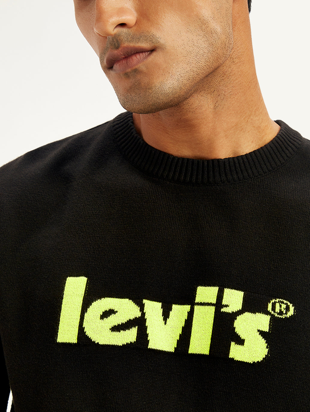 Men's Brand Logo Black Crew Neck Sweater - Detail View