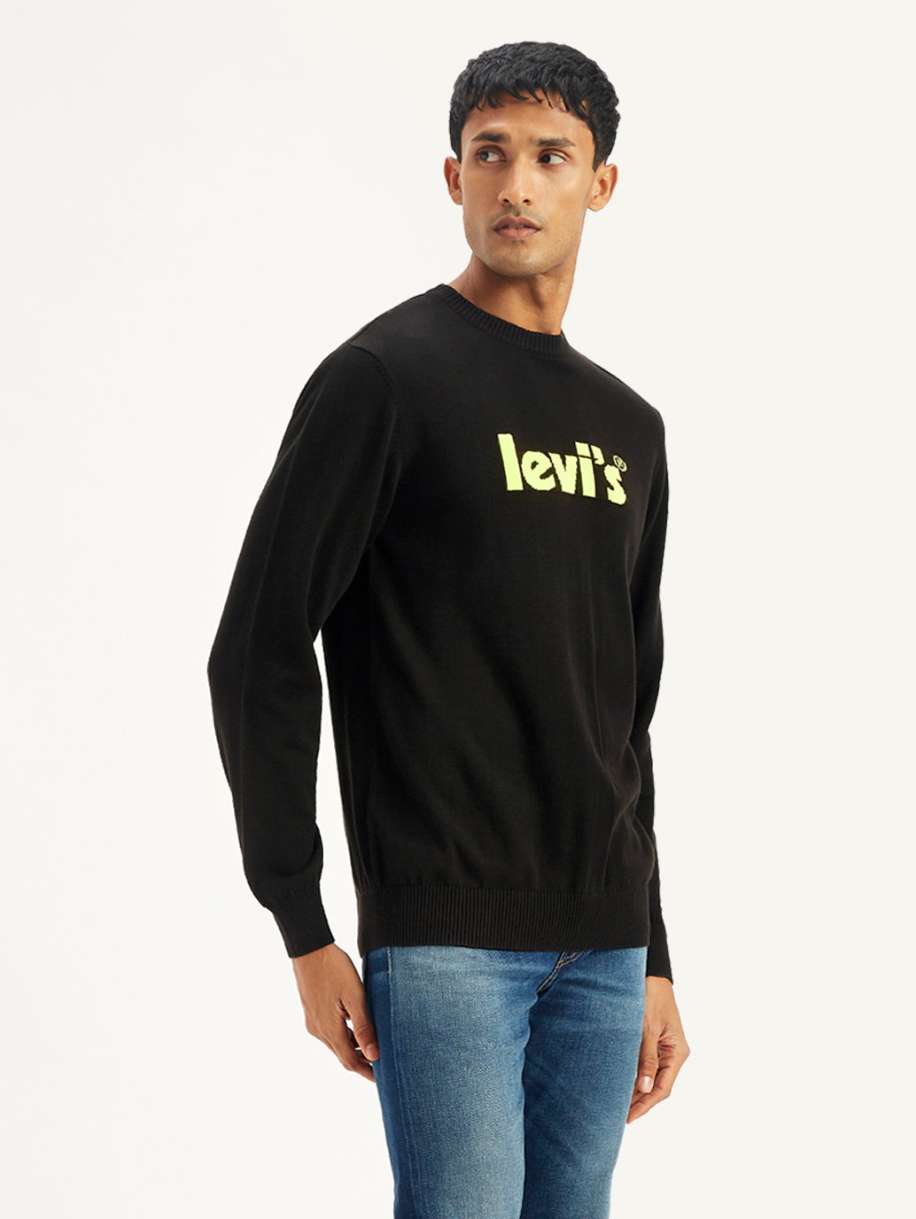 Men's Brand Logo Black Crew Neck Sweater - Side View
