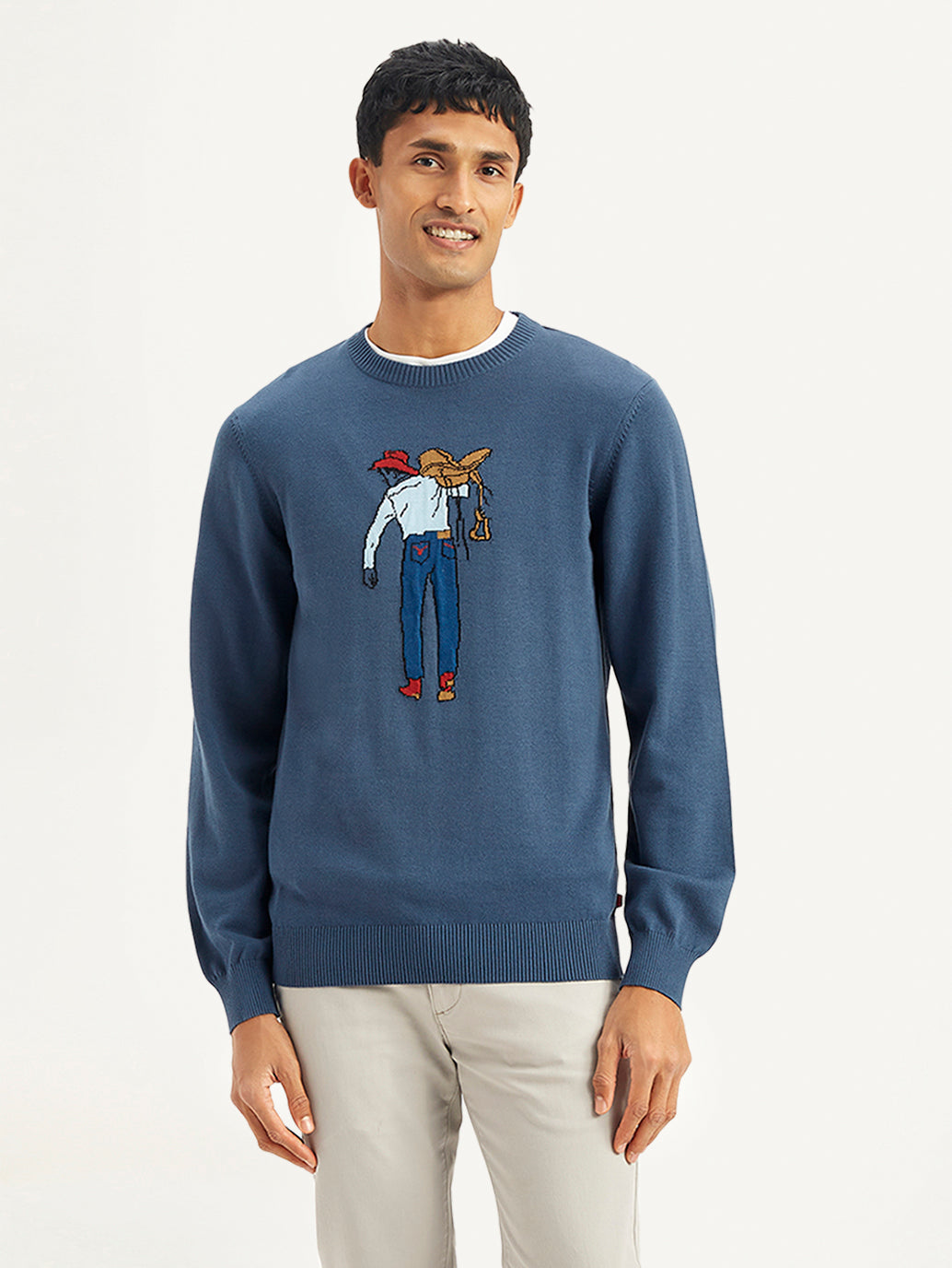 Men's Graphic Print Blue Crew Neck Sweater - Front View
