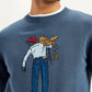 Men's Graphic Print Blue Crew Neck Sweater - Detail View