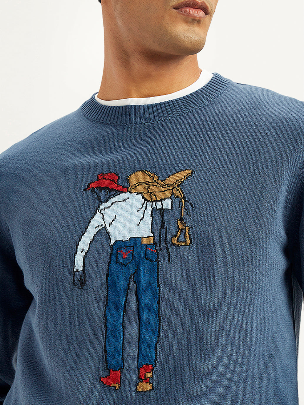 Men's Graphic Print Blue Crew Neck Sweater - Detail View