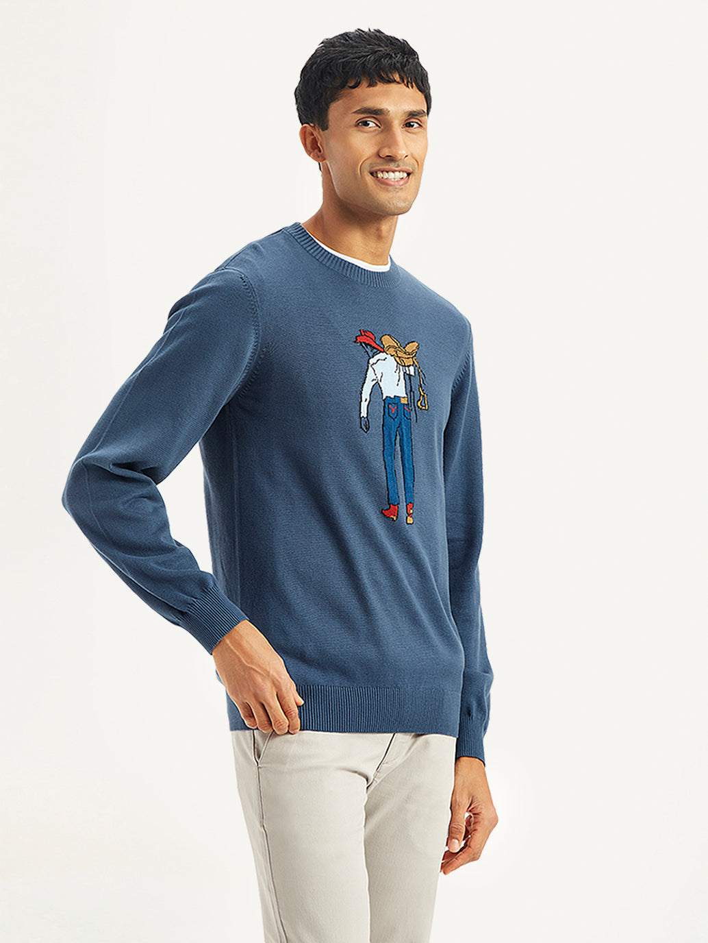 Men's Graphic Print Blue Crew Neck Sweater - Side View