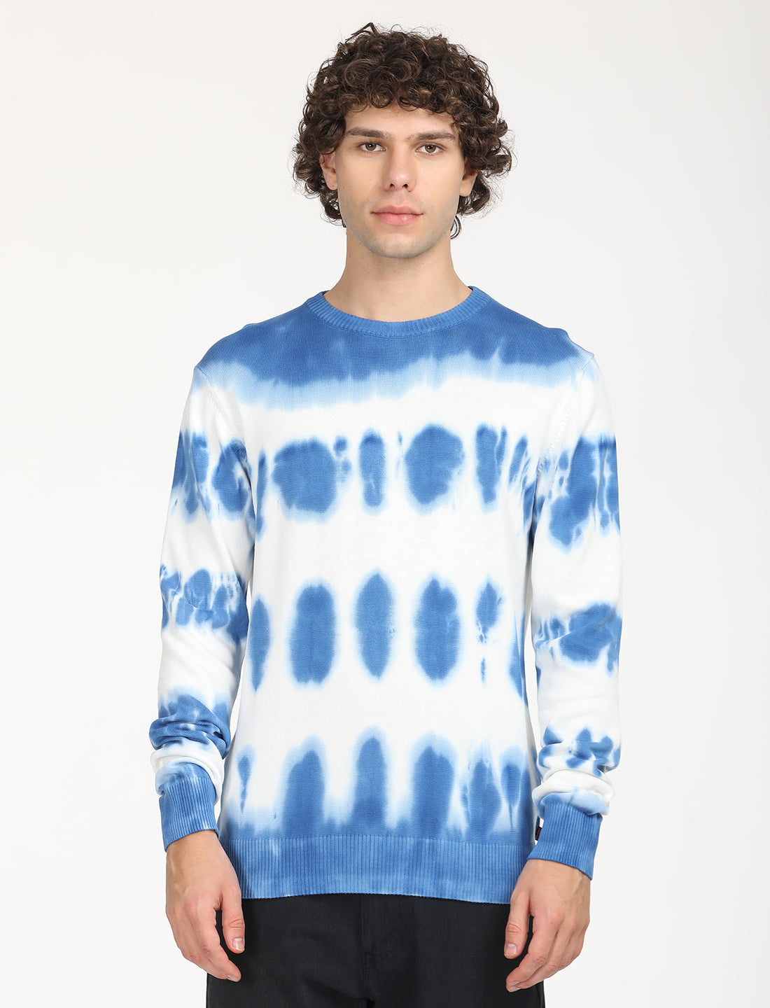 Men's Tie-Dye Blue Crew Neck Sweater - Front View