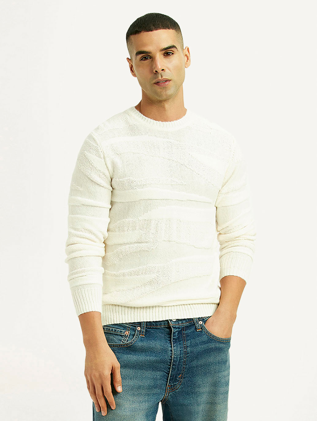 Men's Textured Off White Crew Neck Sweater
