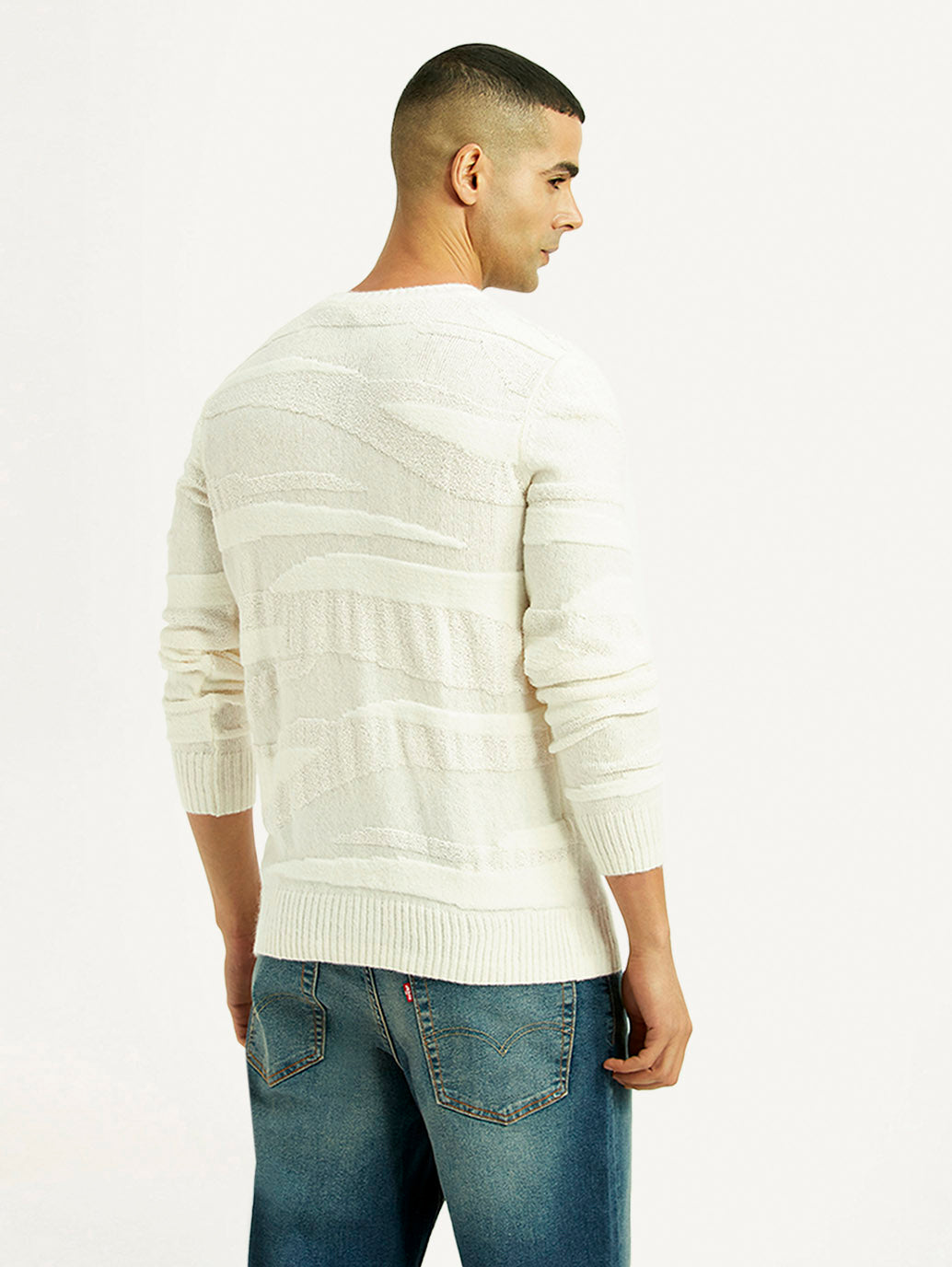 Men's Textured Off White Crew Neck Sweater - Back View