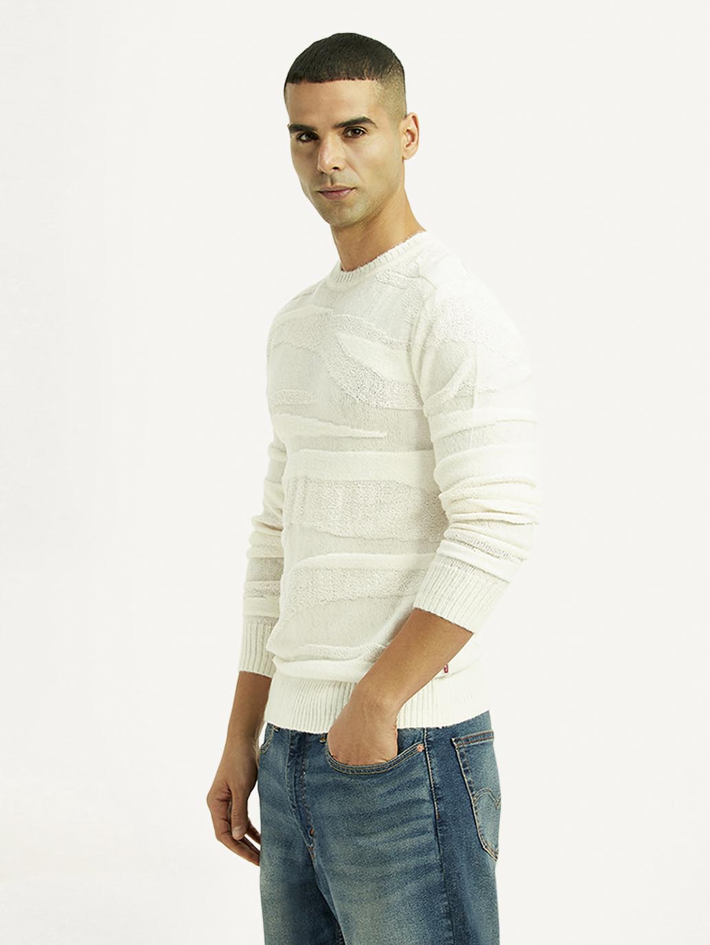 Men's Textured Off White Crew Neck Sweater - Side View