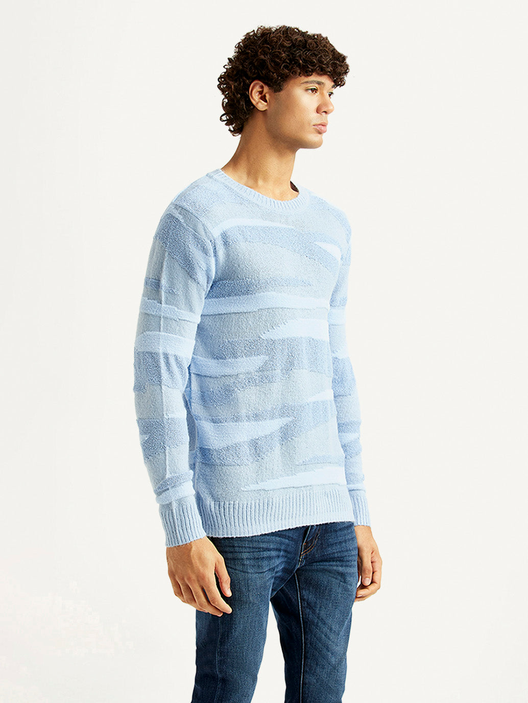 Men's Abstract Light Blue Crew Neck Sweater - Side View