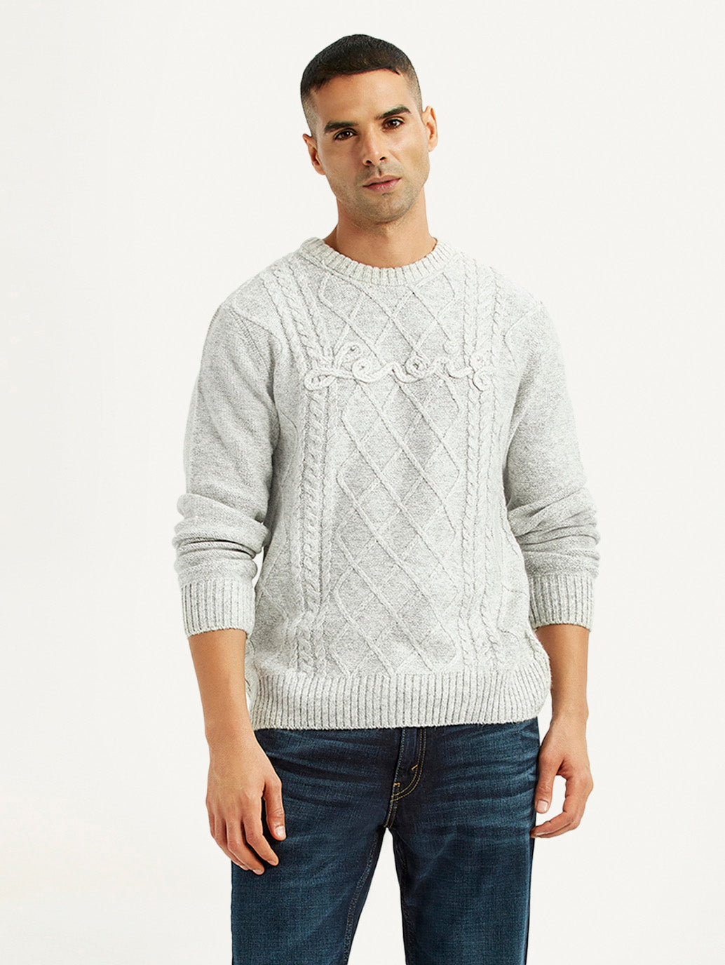 Men's Jacquard Light Grey Crew Neck Sweater