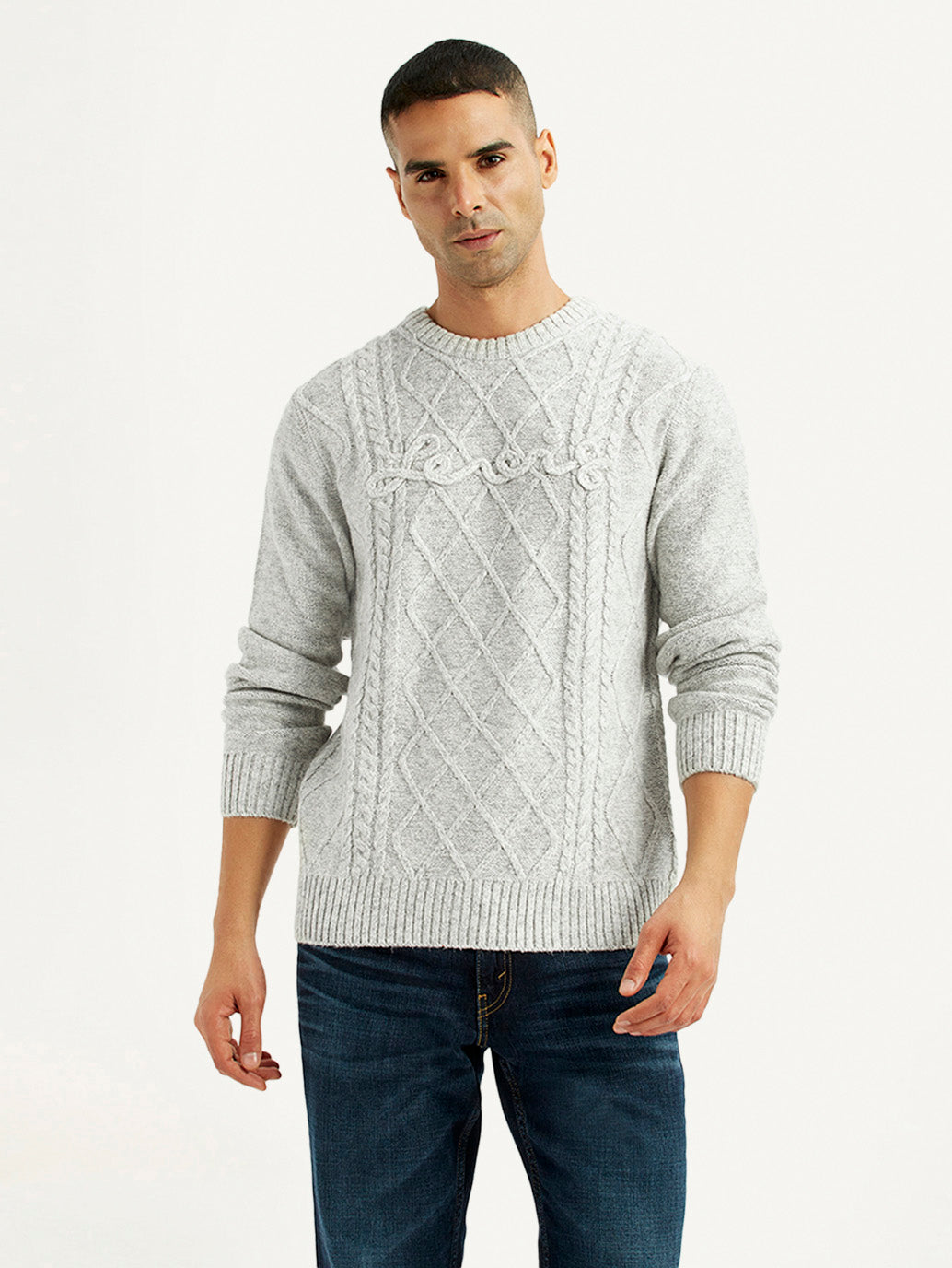 Men's Jacquard Light Grey Crew Neck Sweater - Front View