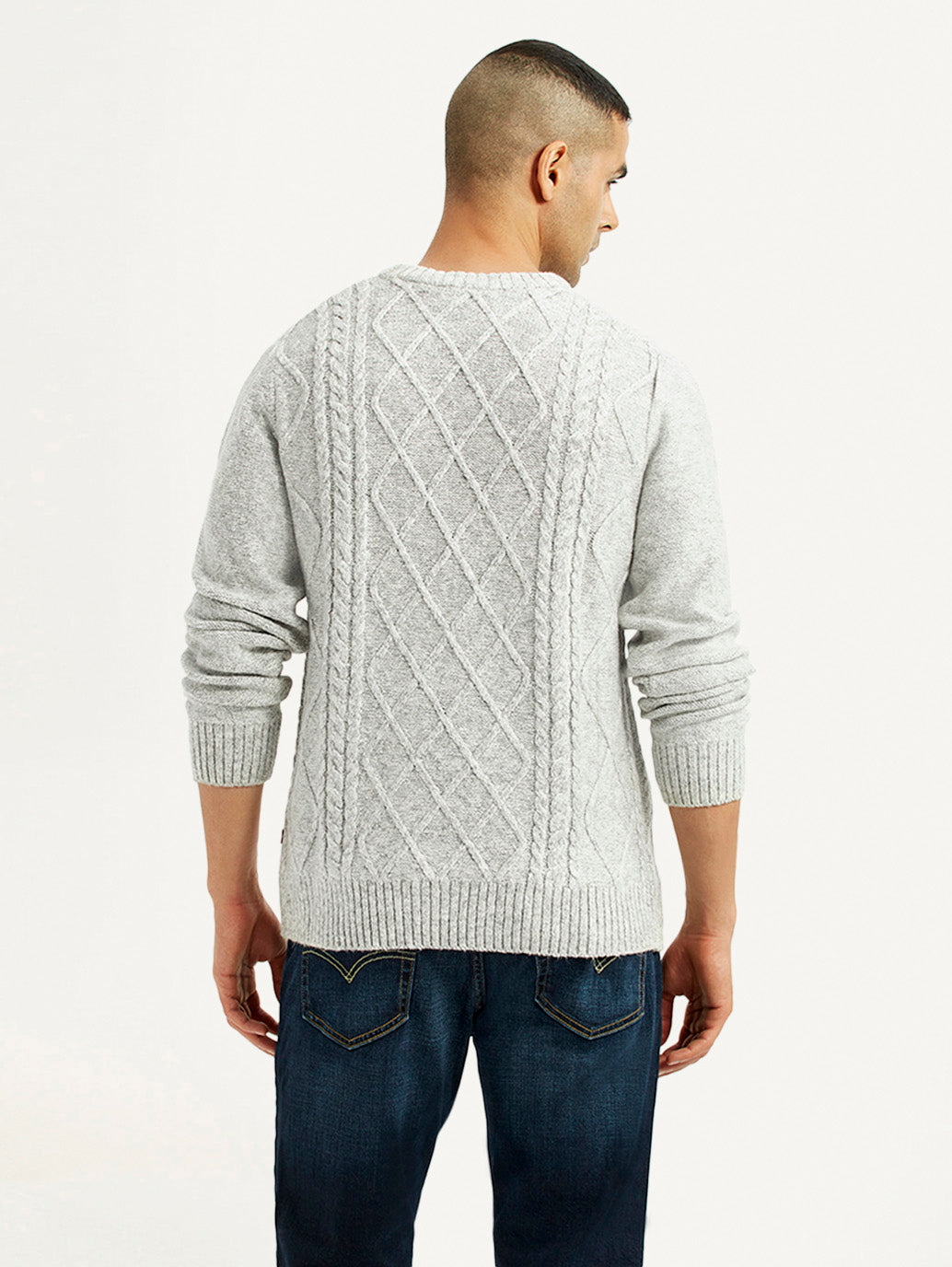Men's Jacquard Light Grey Crew Neck Sweater - Back View