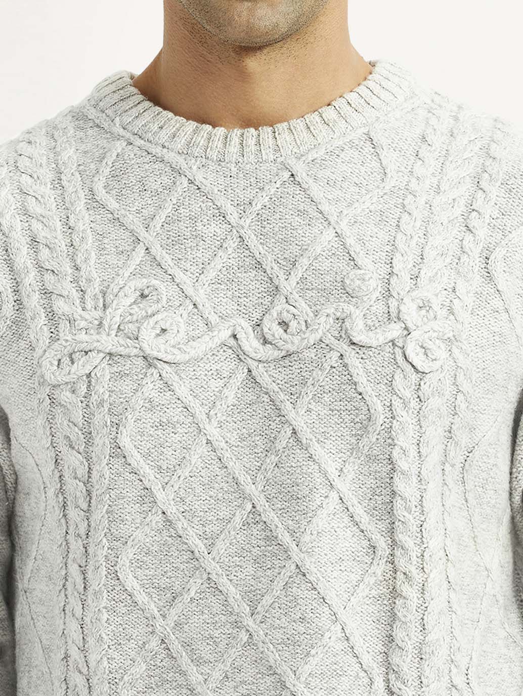 Men's Jacquard Light Grey Crew Neck Sweater - Detail View