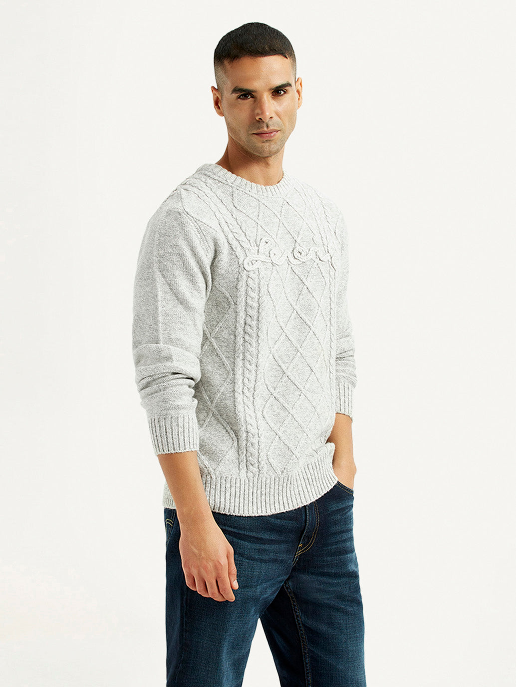 Men's Jacquard Light Grey Crew Neck Sweater - Side View