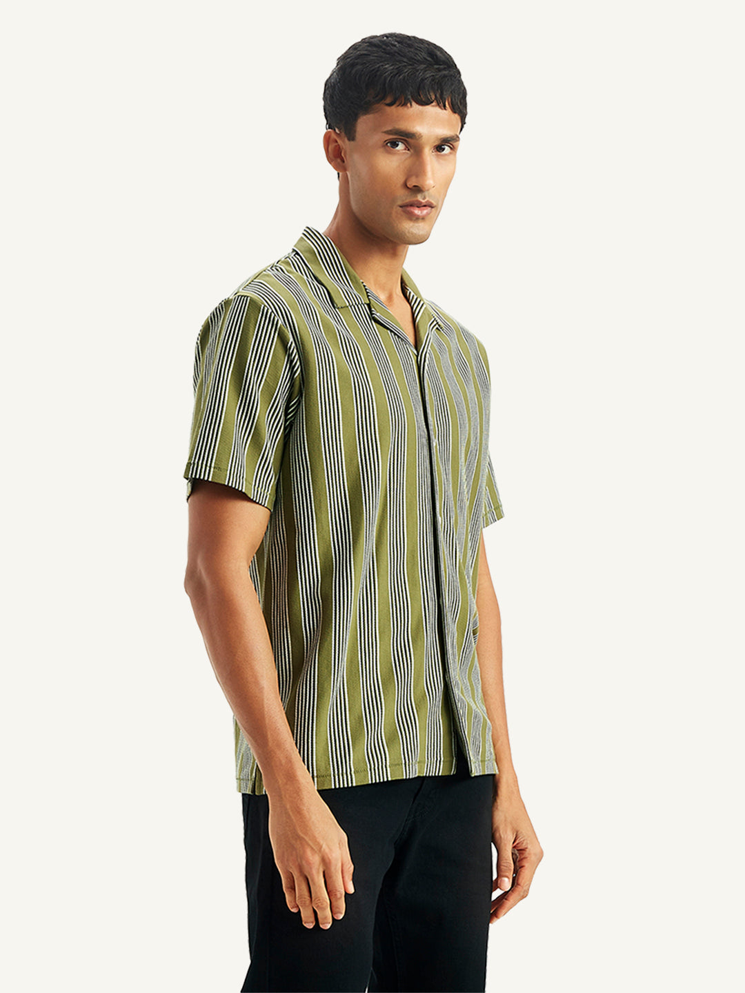Men's Striped Regular Fit Camp Shirt - Side View