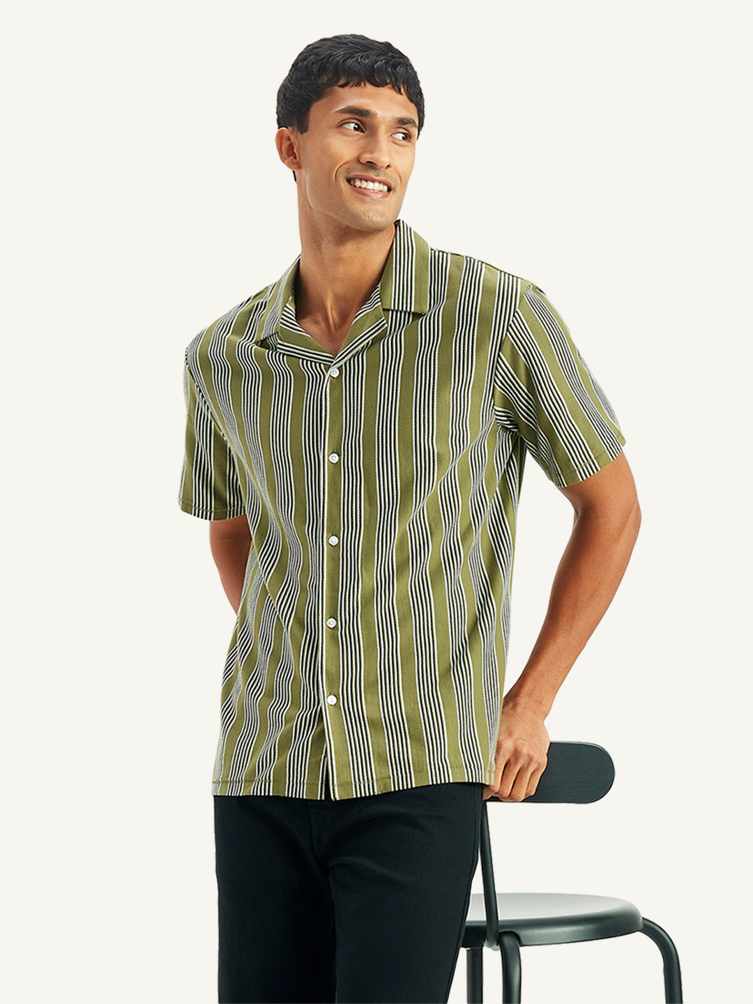 Men's Striped Regular Fit Camp Shirt - Styleshot View
