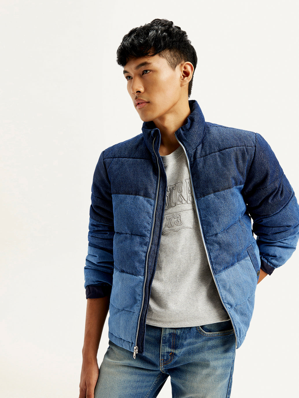 Men's Colorblock Blue High Neck Puffer Jacket - Elevated View