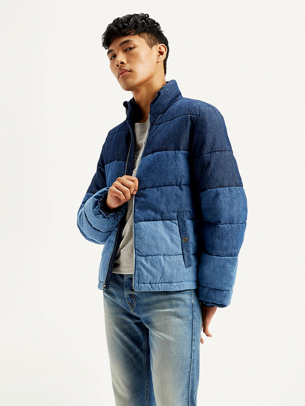 Men's Colorblock Blue High Neck Puffer Jacket - Styleshot View