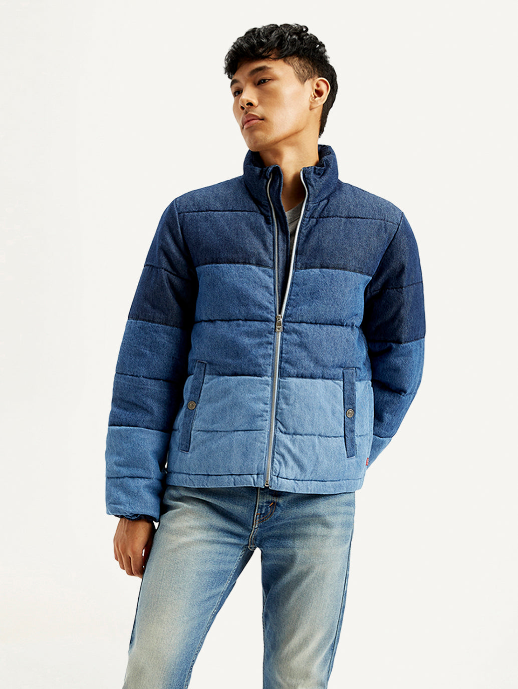 Men's Colorblock Blue High Neck Puffer Jacket - Front View