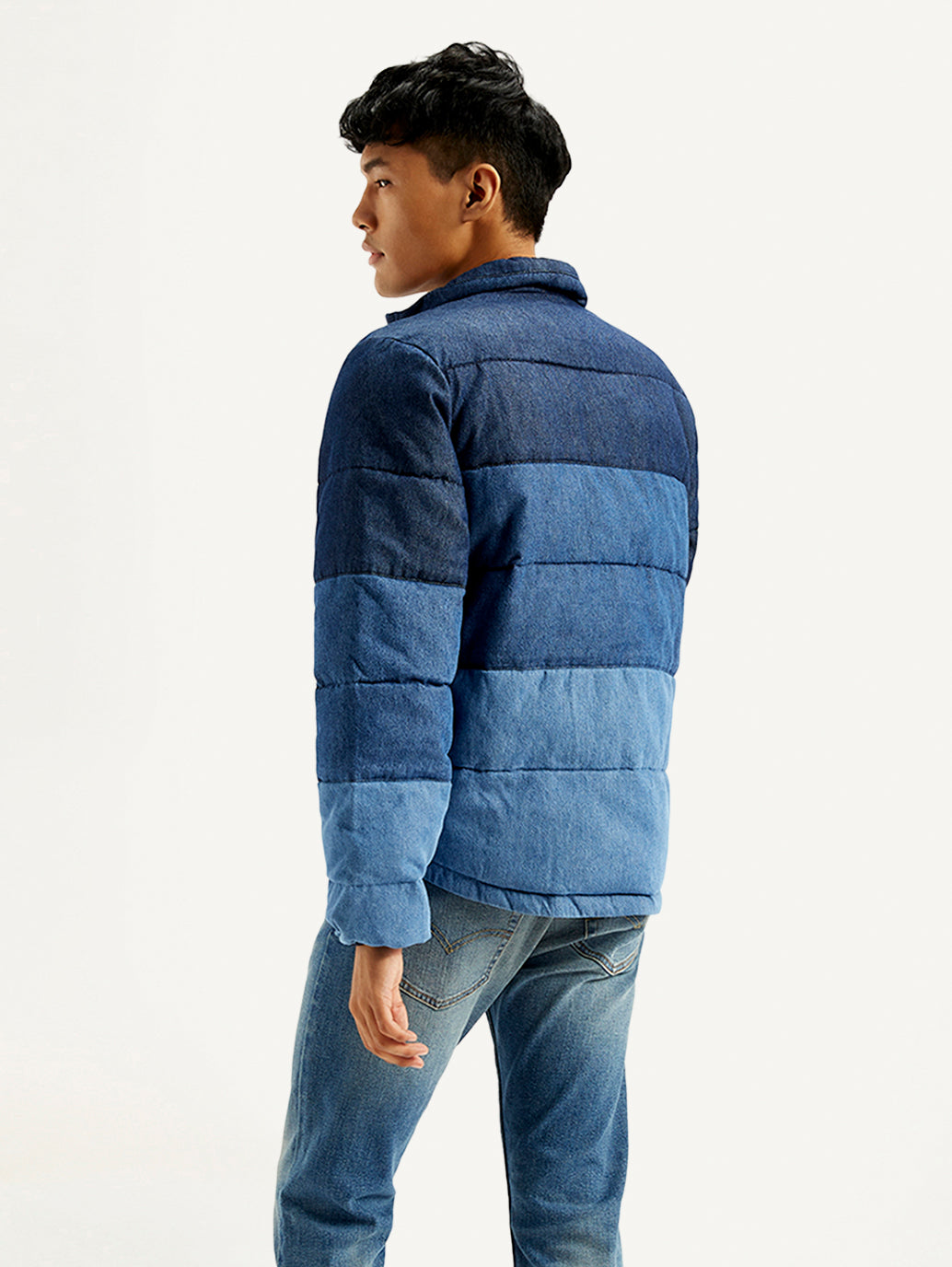 Men's Colorblock Blue High Neck Puffer Jacket - Back View