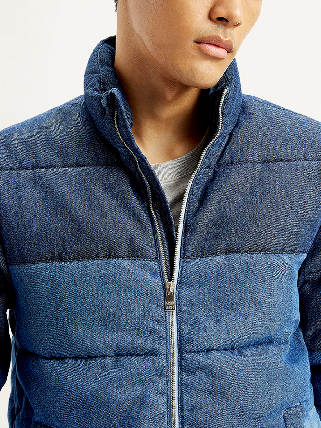 Men's Colorblock Blue High Neck Puffer Jacket - Detail View