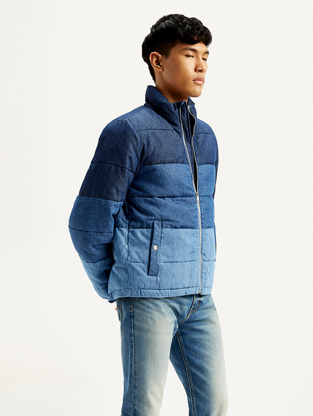 Men's Colorblock Blue High Neck Puffer Jacket - Side View