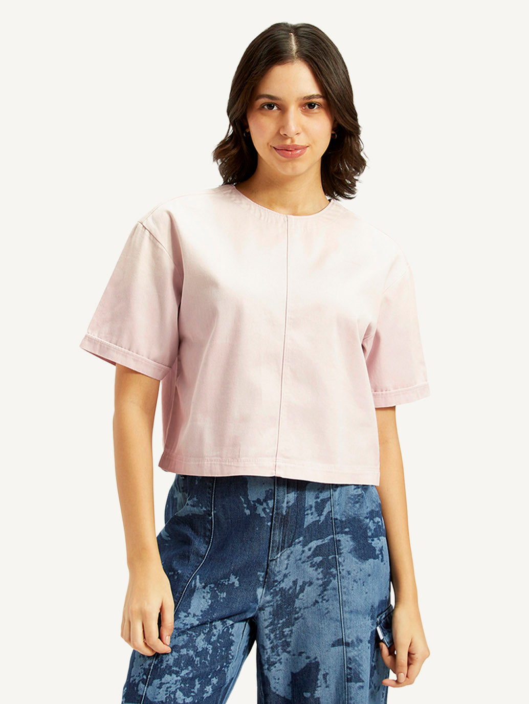 Women's Solid Light Pink Round Neck Top - Front View